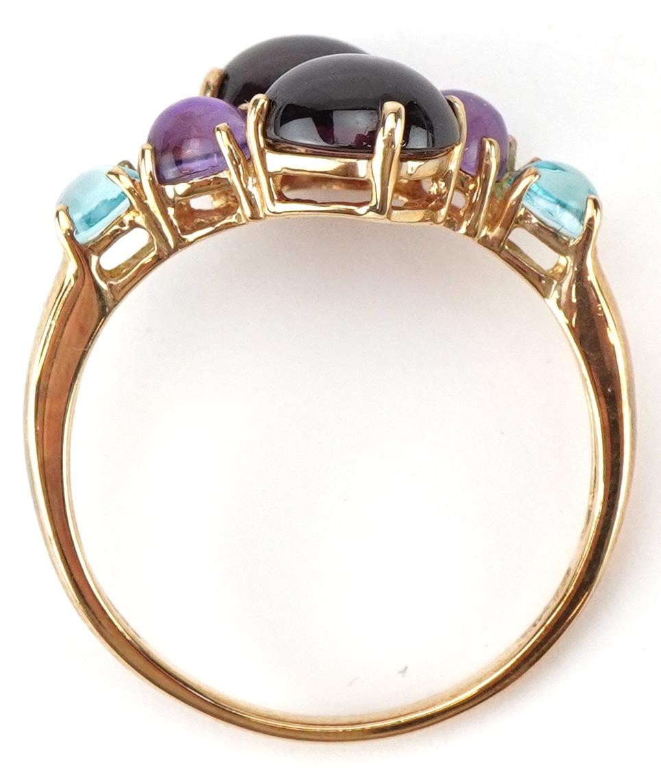 9ct gold multi gem crossover ring set with garnets, amethysts and aquamarine, size T, 3.2g - Image 3 of 5