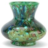 Art pottery vase having a mottled green and blue crystalline type glaze, 12.5cm high