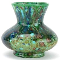 Art pottery vase having a mottled green and blue crystalline type glaze, 12.5cm high