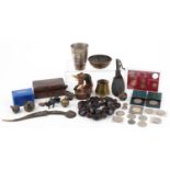 Sundry items including Roman style bronze oil lamp, powder flask and coinage