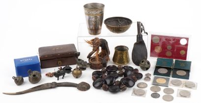 Sundry items including Roman style bronze oil lamp, powder flask and coinage