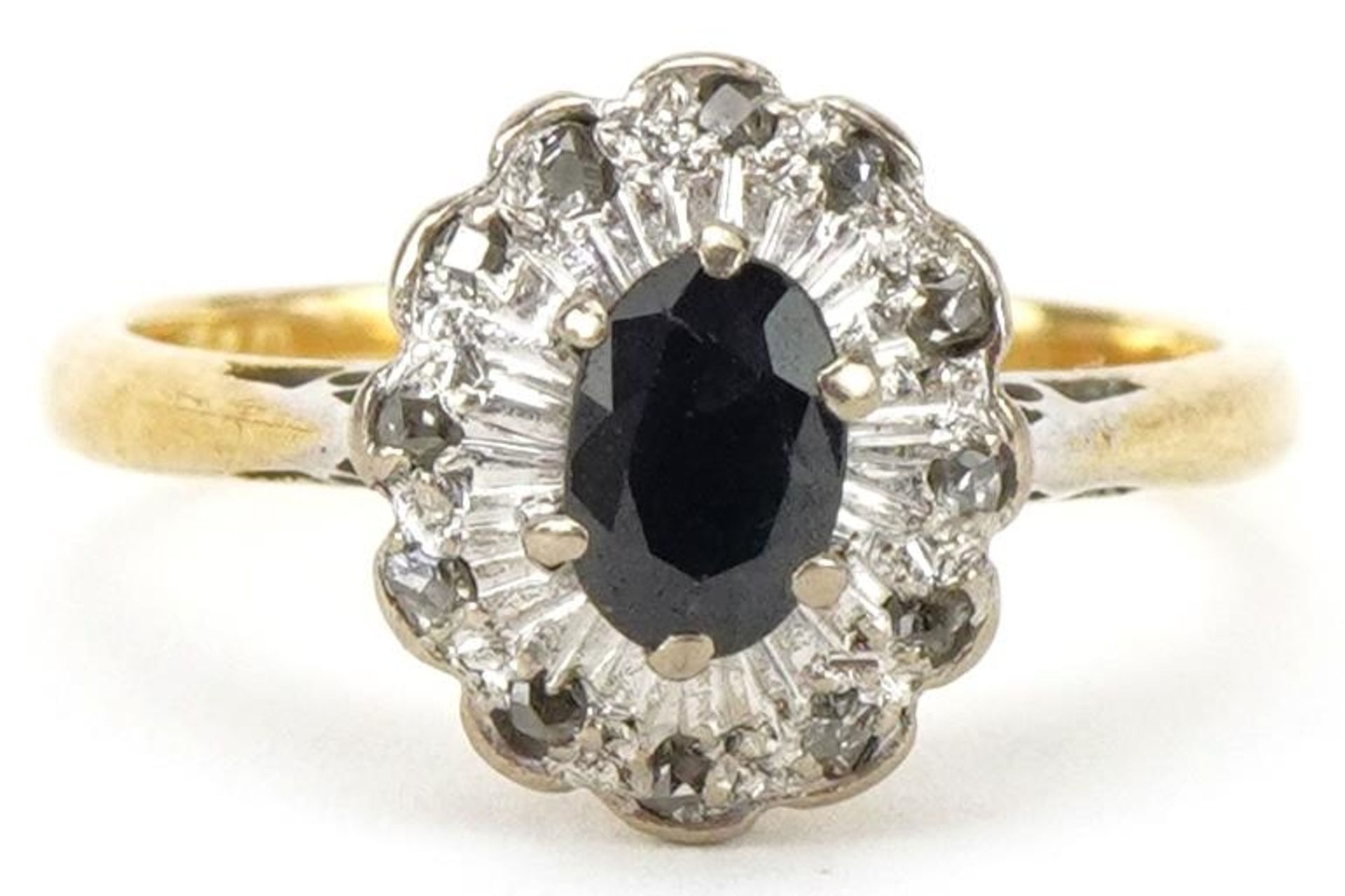 18ct gold diamond and sapphire cluster ring, size N, 4.1g