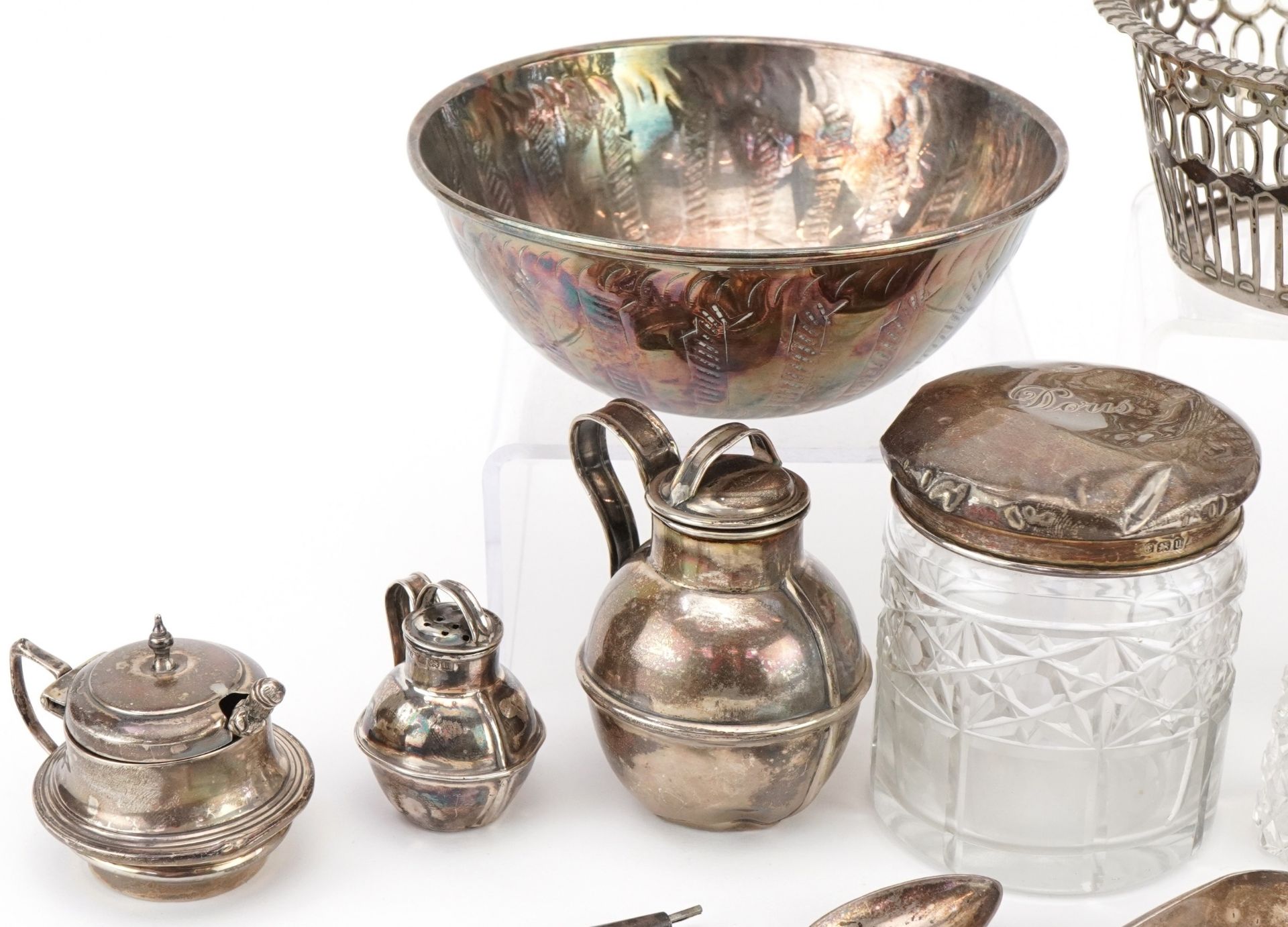Georgian and later silver including miniature Jersey cream cans, sugar tongs, silver lidded glass - Image 2 of 8