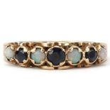 Victorian style 9ct gold sapphire and opal half eternity ring, size M, 2.2g