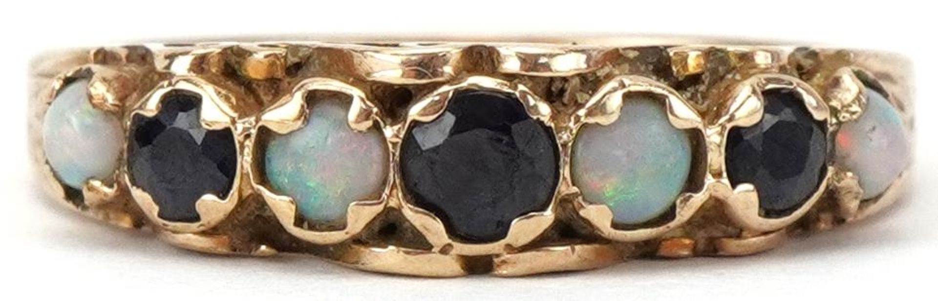 Victorian style 9ct gold sapphire and opal half eternity ring, size M, 2.2g