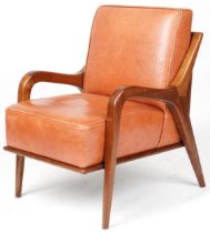 Scandinavian design hardwood lounge chair having tan upholstered back and seat, 86cm H x 62.5cm W