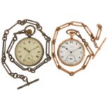 Two gentlemen's open face keyless pocket watches with chains comprising one silver with silver chain