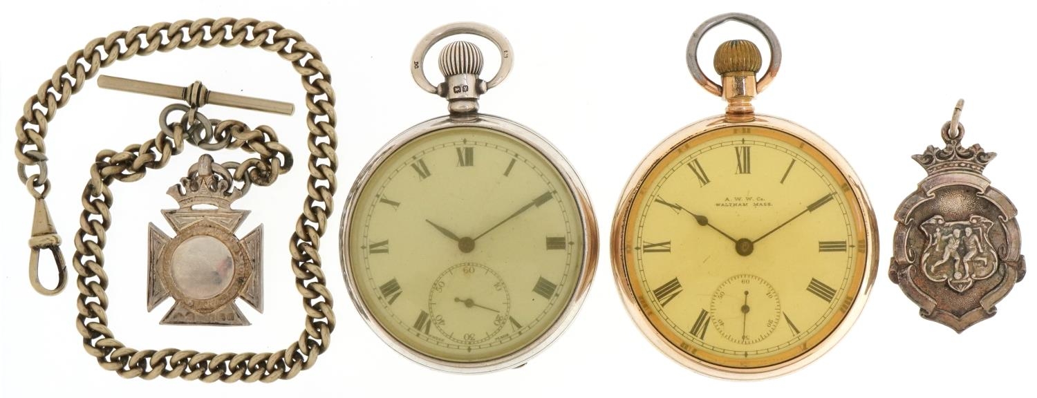 Two gentlemen's open face keyless pocket watches with two silver sports jewels and a white metal