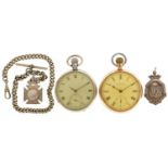 Two gentlemen's open face keyless pocket watches with two silver sports jewels and a white metal