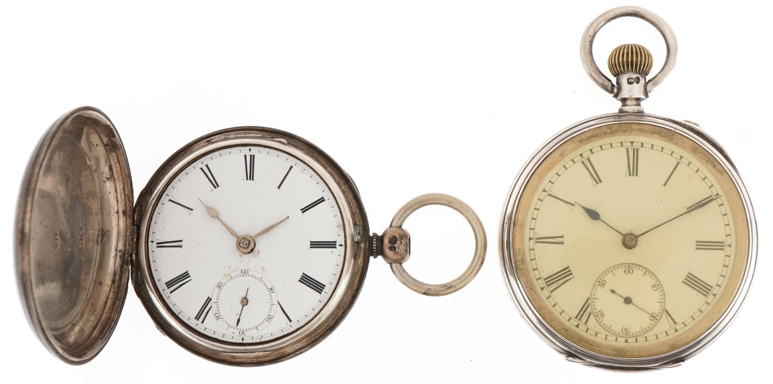 Two Victorian silver keyless pocket watches having enamelled and subsidiary dials with Roman and