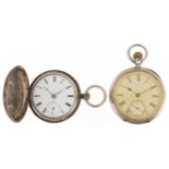 Two Victorian silver keyless pocket watches having enamelled and subsidiary dials with Roman and