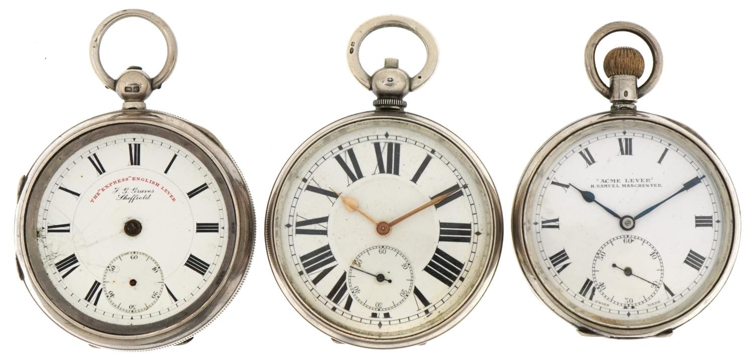 Three gentlemen's silver open face pocket watches having enamelled and subsidiary dials with Roman