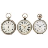 Three gentlemen's silver open face pocket watches having enamelled and subsidiary dials with Roman