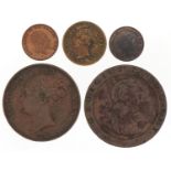 George III 1797 penny, Victorian 1854 penny and three other coins