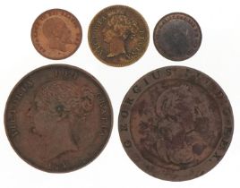 George III 1797 penny, Victorian 1854 penny and three other coins
