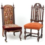 Two antique chairs including a Victorian rosewood example with tapestry back and seat, the largest