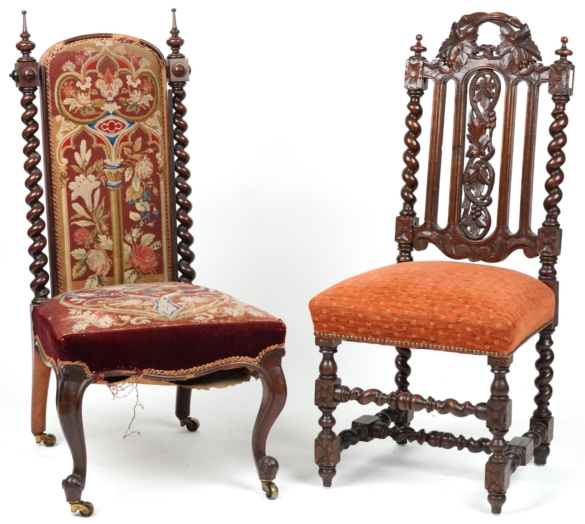 Two antique chairs including a Victorian rosewood example with tapestry back and seat, the largest