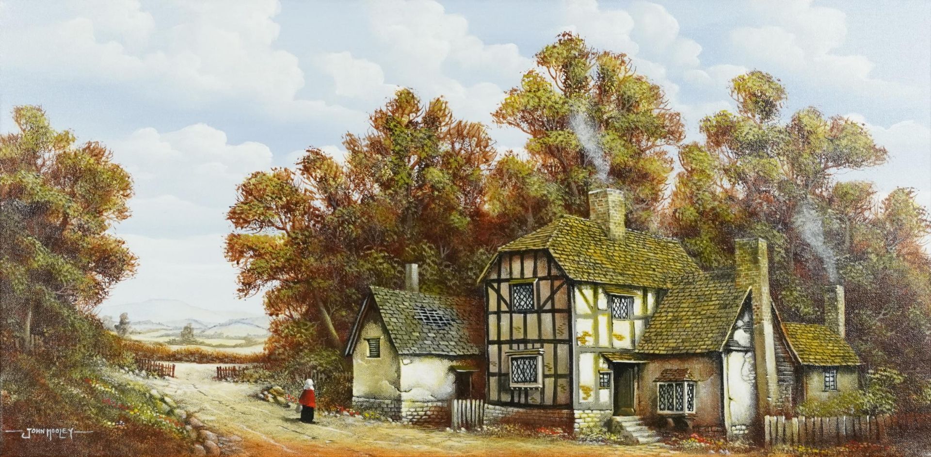 John Hooley - Woman in country lane beside houses, oil on canvas in a contemporary frame, 69cm x