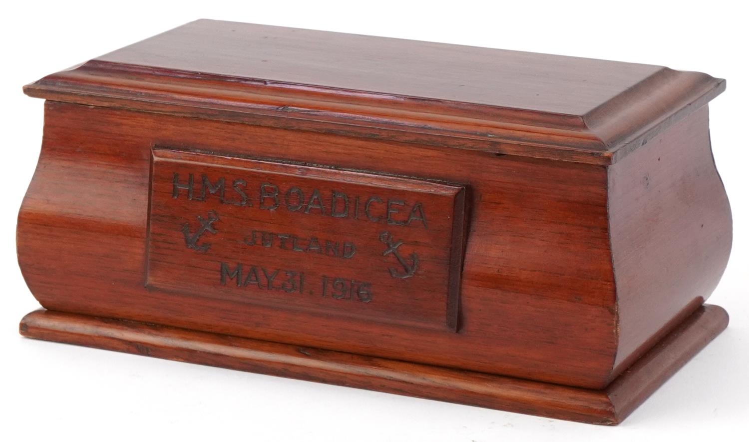 Military World War I naval interest mahogany box, HMS Boadicea Jutland May 31st 1916, 10cm H x