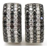 Pair of 14ct white gold four row black and white diamond hoop earrings with certificate, total black