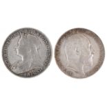 Two Victorian and later silver crowns comprising Queen Victoria 1894 and Edward VII 1902