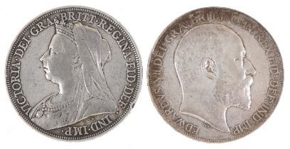 Two Victorian and later silver crowns comprising Queen Victoria 1894 and Edward VII 1902