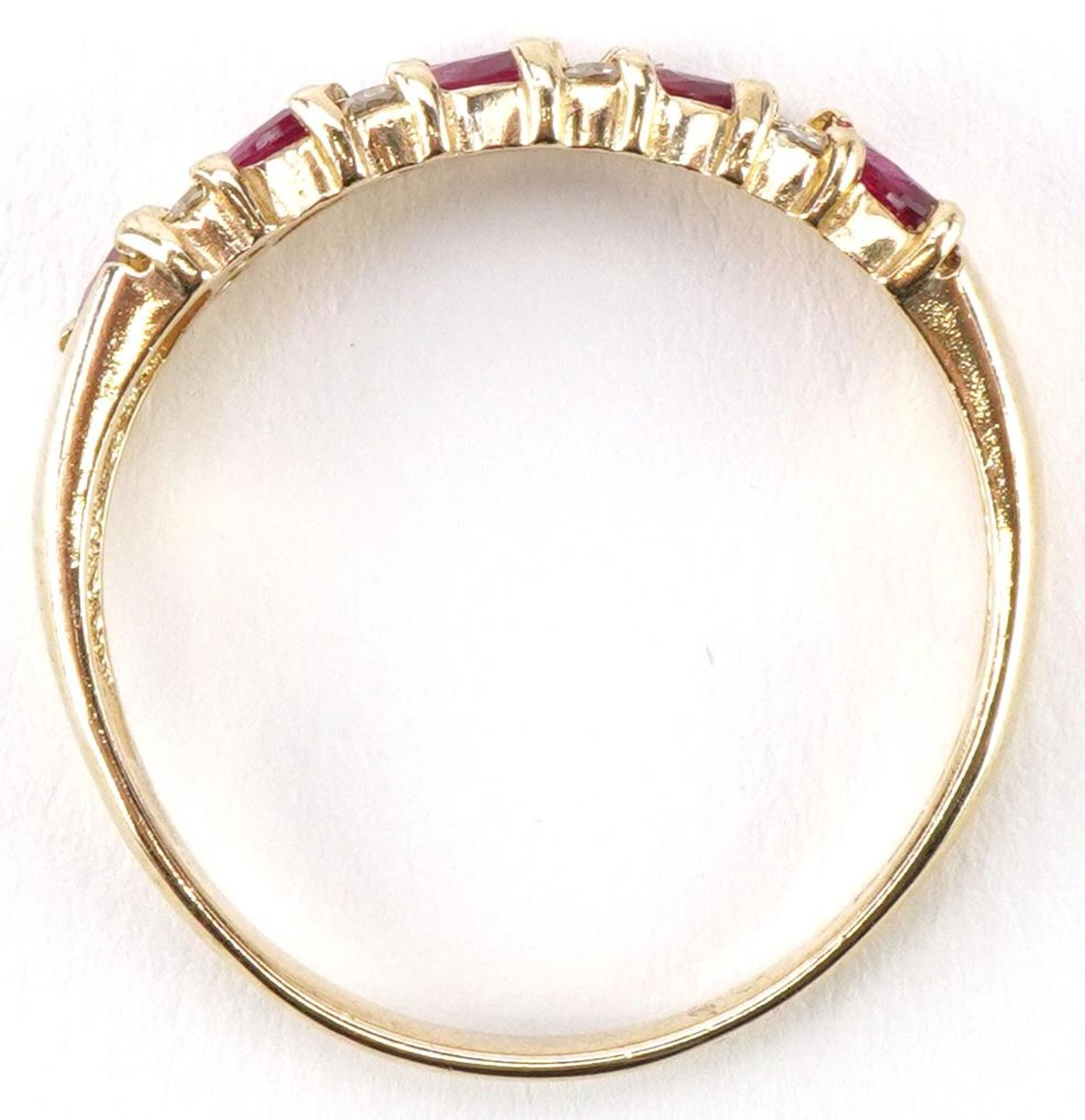 9ct gold ruby and diamond thirteen stone half eternity ring, size P, 1.9g - Image 3 of 5