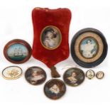 Portrait miniatures and pictures including a circular example of a rigged ship and a brooch