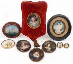 Portrait miniatures and pictures including a circular example of a rigged ship and a brooch