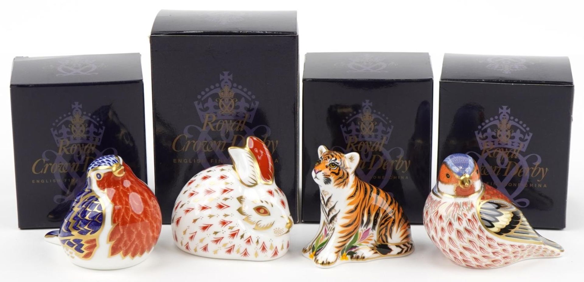 Royal Crown Derby rabbit, Sumatran tiger cub and Chaffinch paperweights with gold coloured