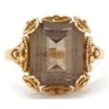 Unmarked gold smoky quartz ring, tests as 9ct gold, the quartz approximately 12.0mm x 10.0mm x 7.0mm