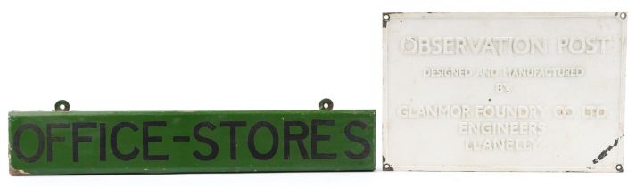 Two advertising wall signs including white painted bronze Observation Post example designed and