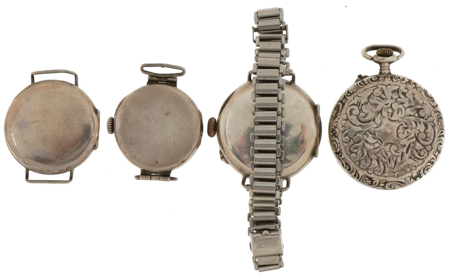 Three antique ladies silver wristwatches and a ladies silver open face pocket watch, three with - Image 3 of 7