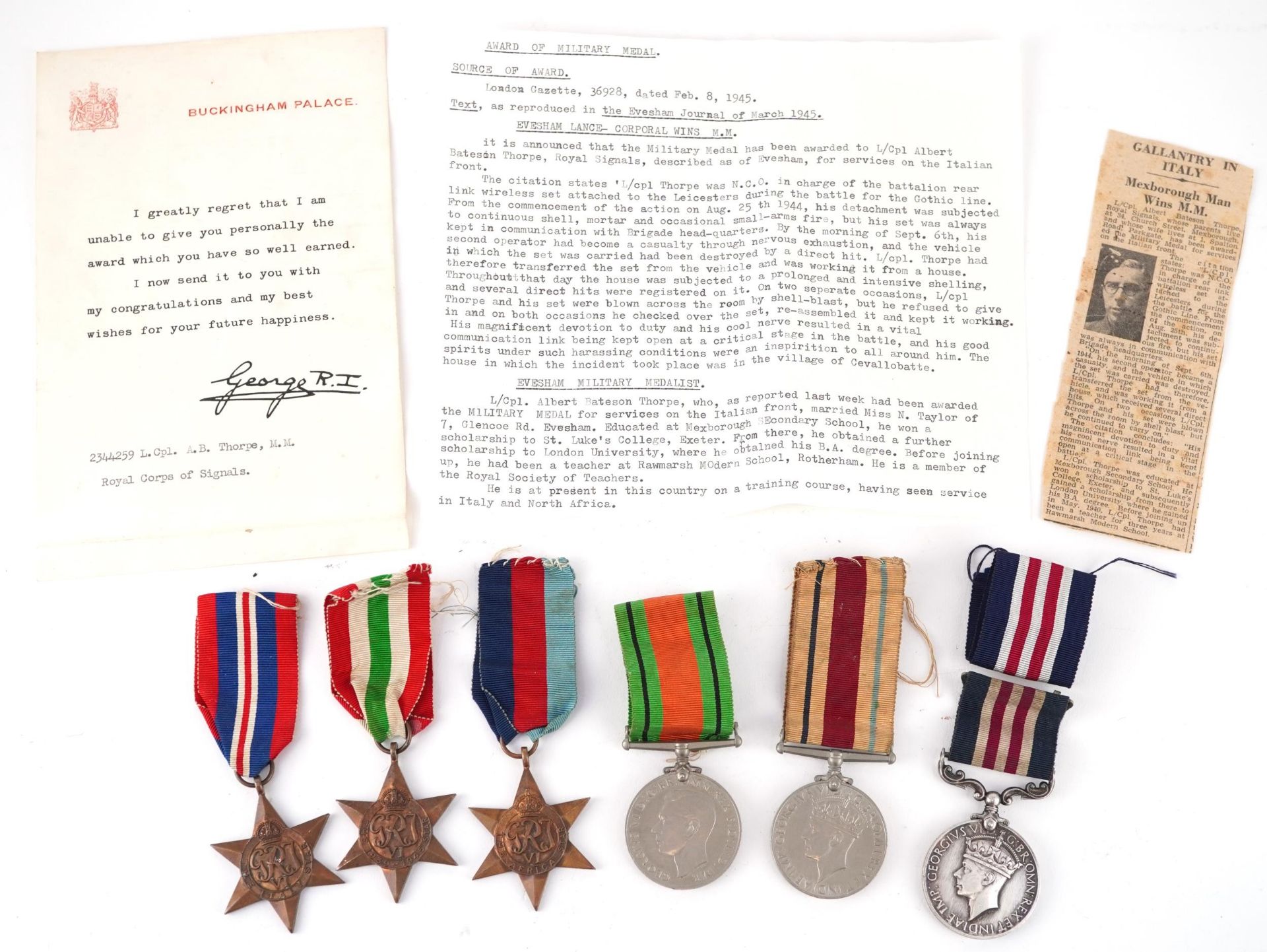 British military World War II medal group awarded to L.CPL A.B.THORPE R.SIGNALS including Bravery in