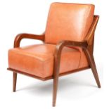 Scandinavian design hardwood lounge chair having tan upholstered back and seat, 86cm H x 62.5cm W
