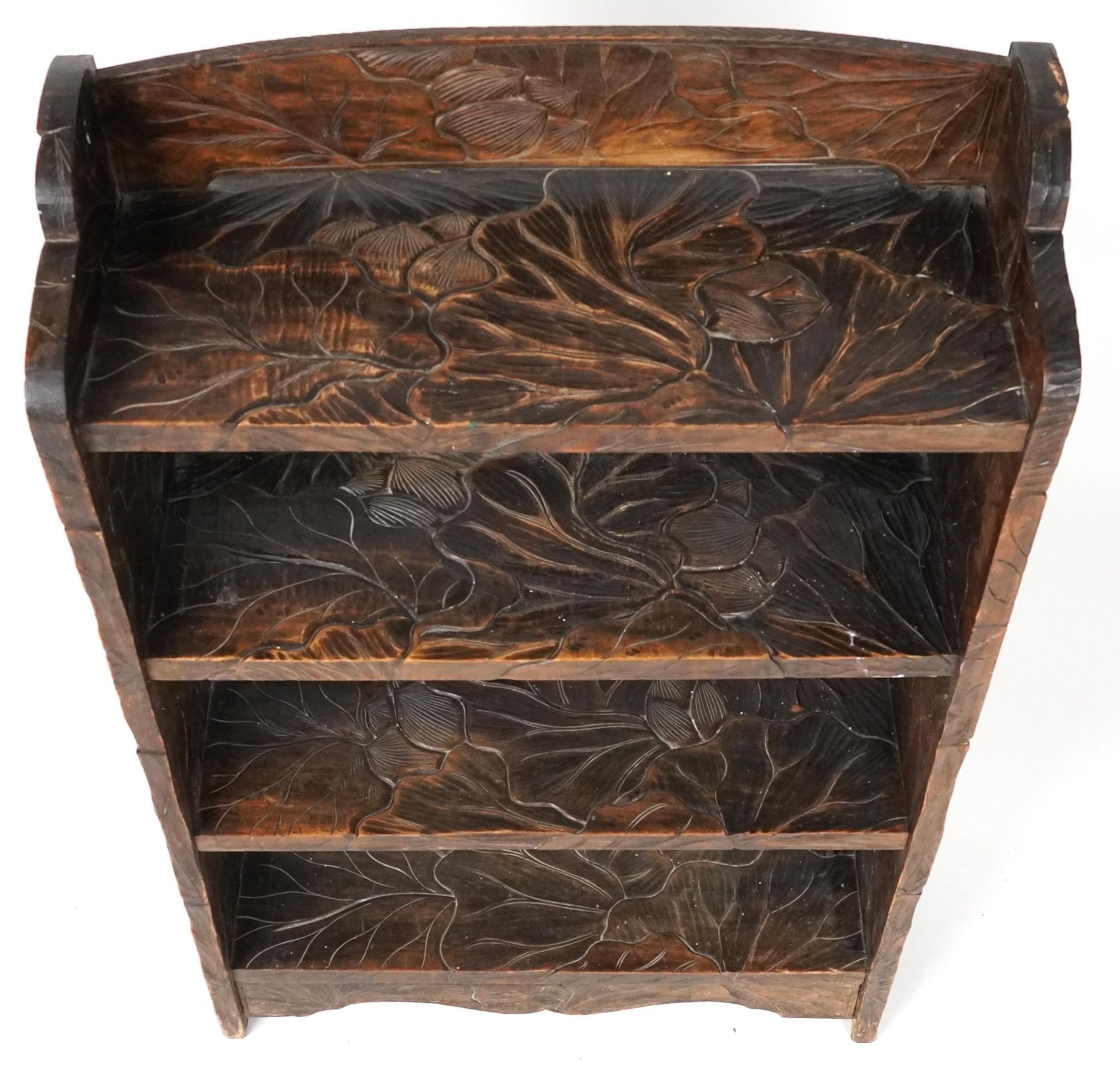 Manner of Liberty & Co, Japanese hardwood bookcase carved with flowers, 98cm H x 60cm wide, 24cm D - Bild 3 aus 4