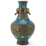 Chinese patinated bronze and cloisonne vase with elephant head handles enamelled with bands of