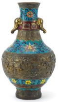 Chinese patinated bronze and cloisonne vase with elephant head handles enamelled with bands of