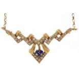 Art Deco style 9ct gold clear stone and blue spinel necklace, 40cm in length, 6.0g