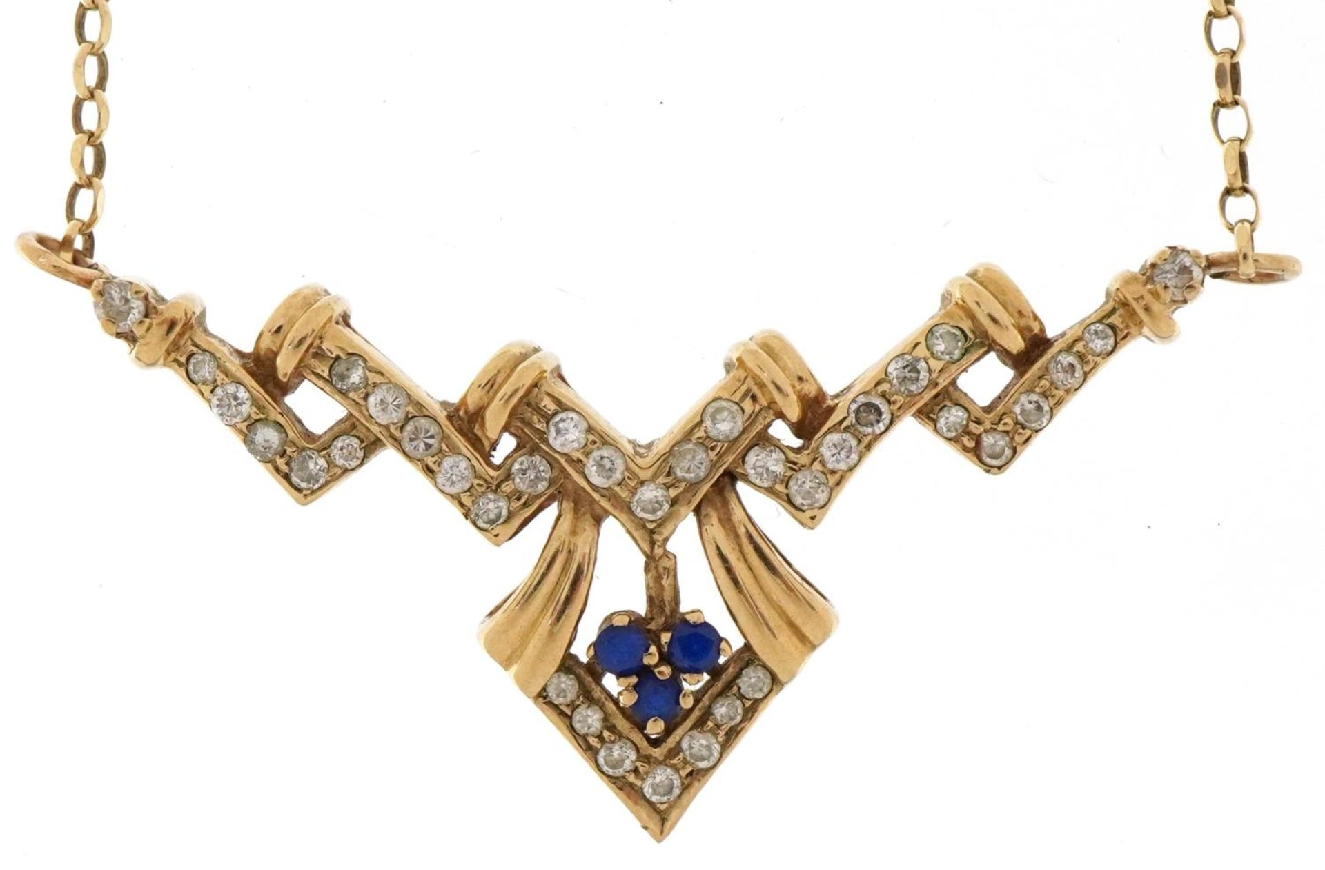 Art Deco style 9ct gold clear stone and blue spinel necklace, 40cm in length, 6.0g