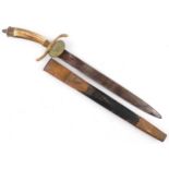 German military interest hunting knife with leather scabbard, staghorn handle and steel blade
