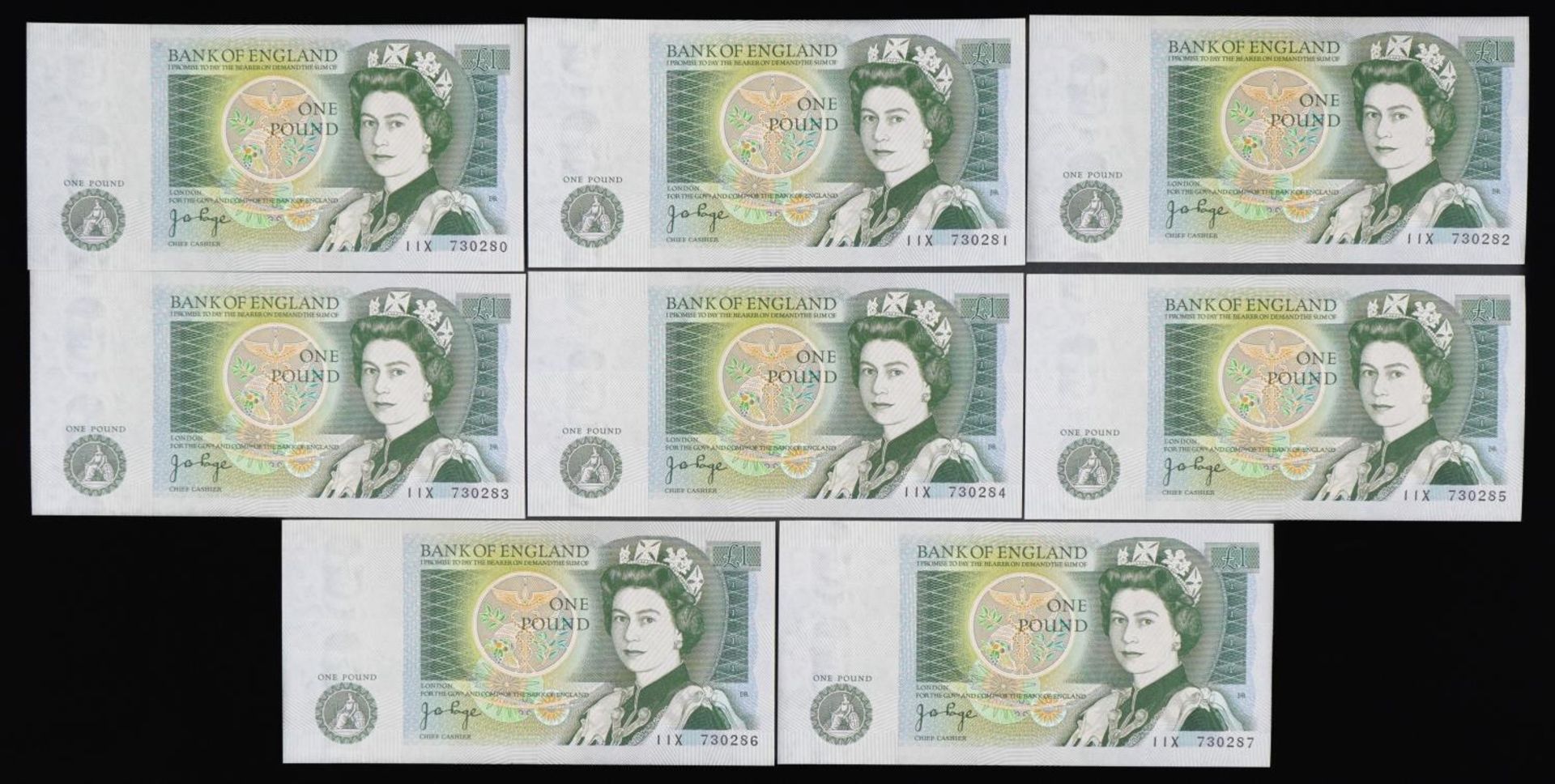 Eight Elizabeth II Bank of England one pound notes with consecutive serial numbers, Chief Cashier