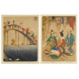 Dorsey Potter Tyson - Figures crossing a bridge and street traders, two Orientalist school pencil