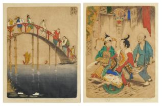 Dorsey Potter Tyson - Figures crossing a bridge and street traders, two Orientalist school pencil