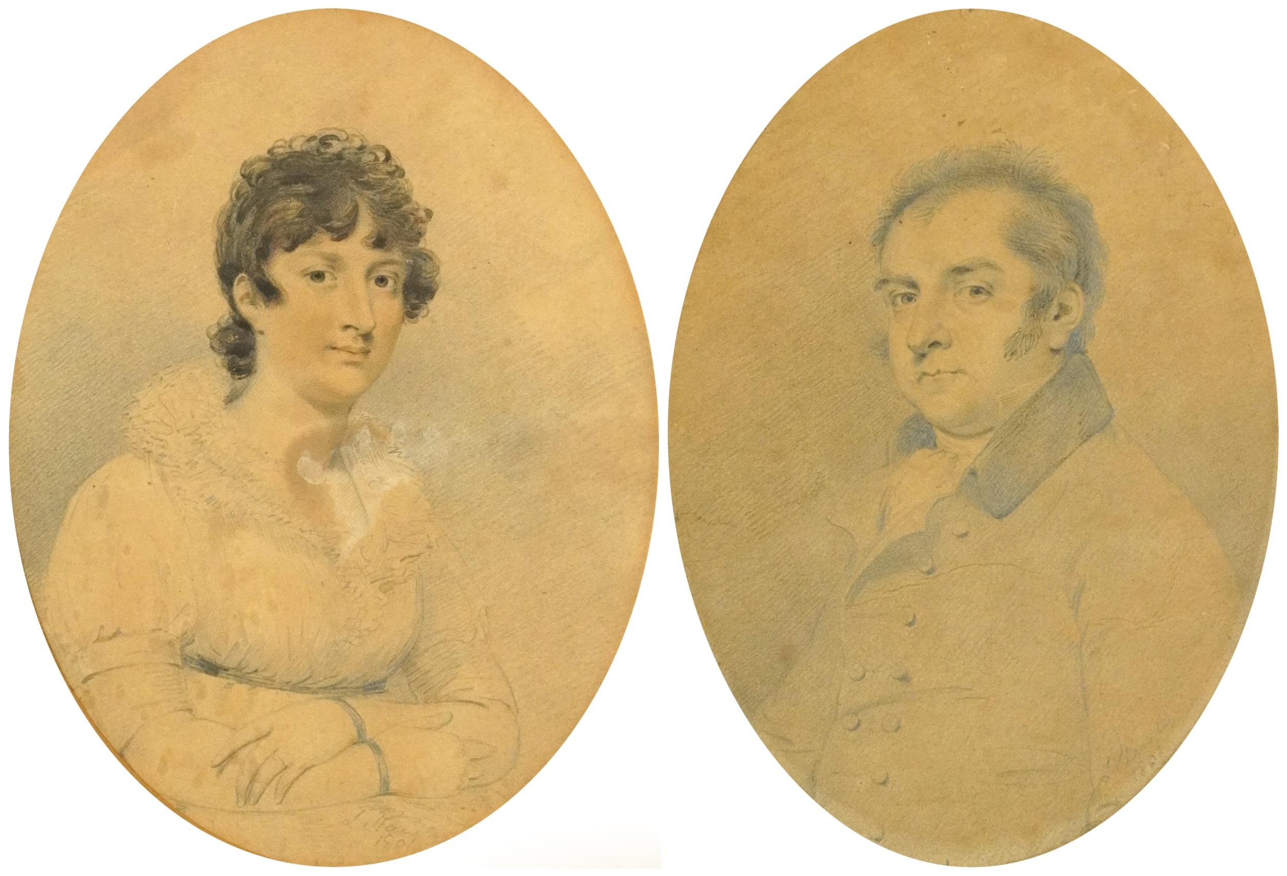 Pair of Georgian oval pencil sketches onto card dated 1801, mounted and framed, each 21.5cm x 15cm