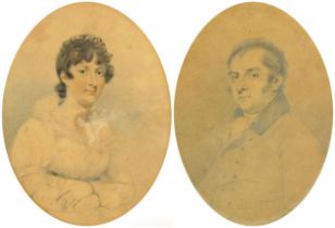 Pair of Georgian oval pencil sketches onto card dated 1801, mounted and framed, each 21.5cm x 15cm