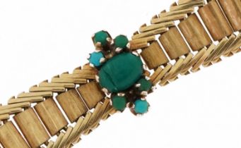 Continental 18ct gold graduated flattened link bracelet set with seven turquoise cabochons, 16cm