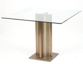 Contemporary square metal and glass dining table with column base, 74.5cm H x 100cm W x 100cm D