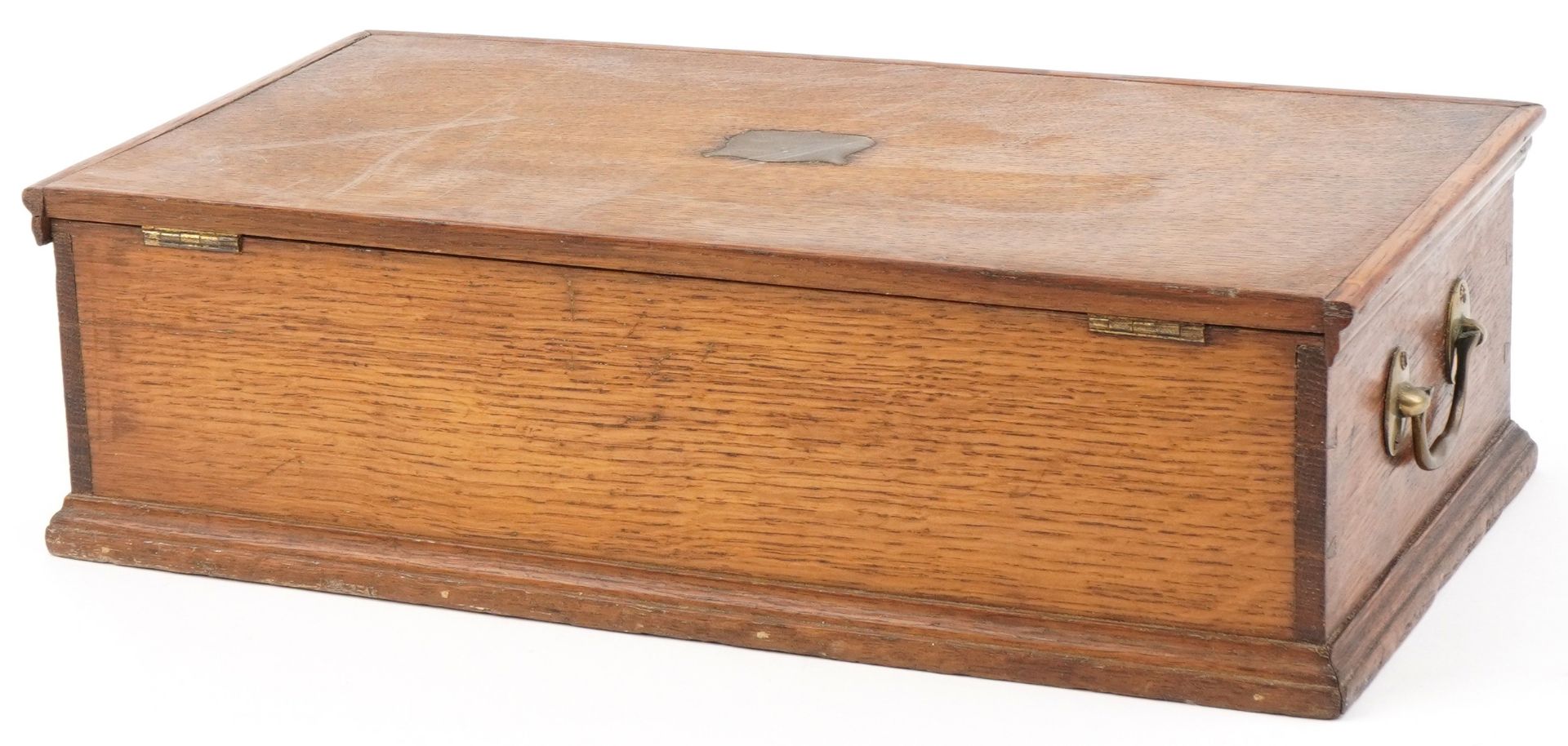 19th century oak workbox with fitted lift out interior and brass carrying handles, 14.5cm H x 48cm W - Bild 5 aus 6