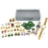 Costume jewellery including a malachite colour glass rosary bead necklace, cufflinks and